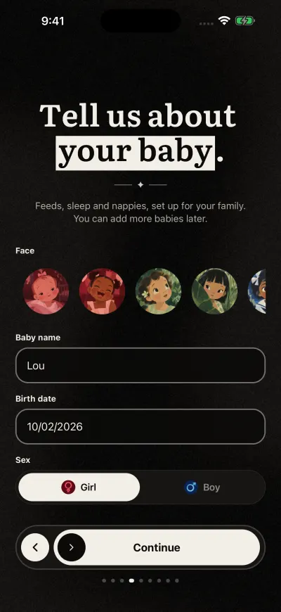 The onboarding baby page: a row of painted faces, a box for the baby's name, the birth date and the button at the bottom.
