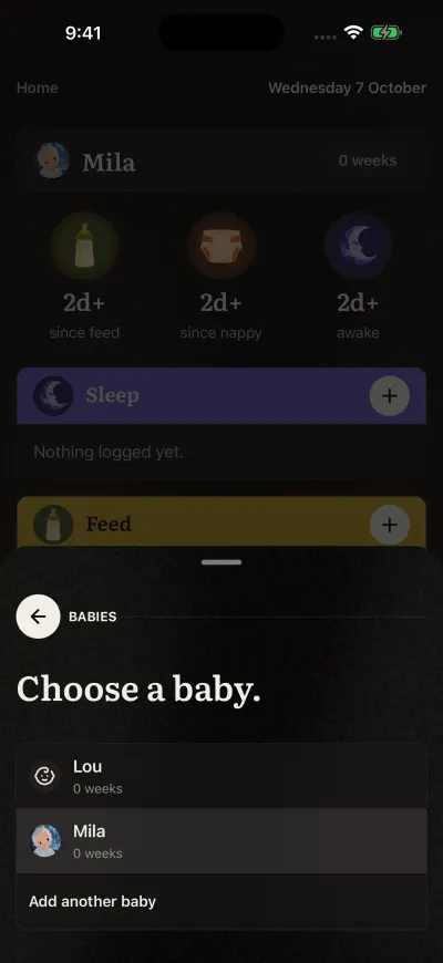 The page to choose a baby: each baby with a picture and age, the one shown ticked.