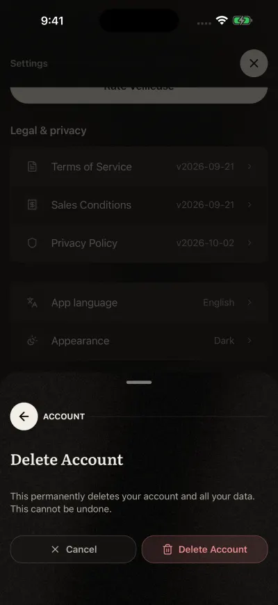 The message that asks to confirm Delete Account, with Cancel and Delete Account buttons.