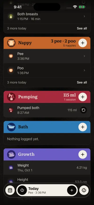 Home scrolled down: the Nappy, Pumping and Bath cards. The Bath card says Nothing logged yet.