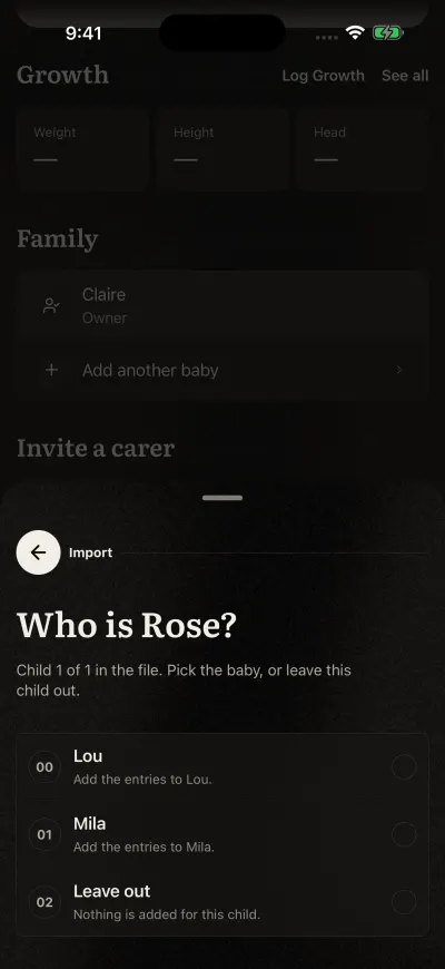 The import page asking who a child in the file is, with each baby of the family and Skip.