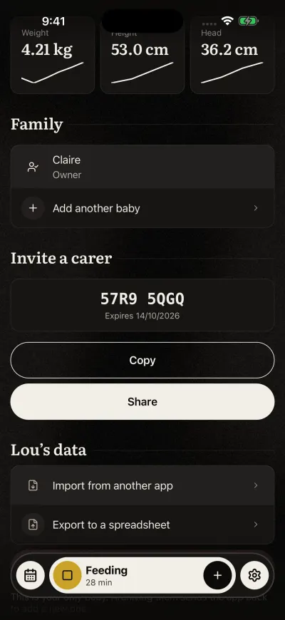 Invite a carer with a code in two groups of four, the date it stops working, and the Copy and Share buttons.