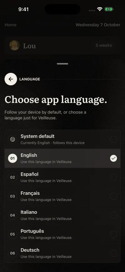 The App language page in Veilleuse: System default, then English, Español, Français, Italiano, Português, Deutsch.