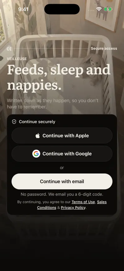 The Veilleuse sign-in screen with Continue with Apple, Continue with Google and Continue with email.