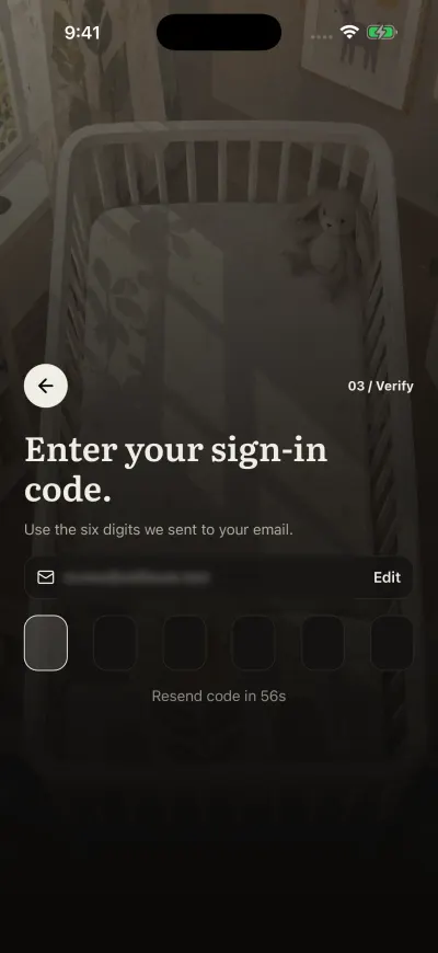 The code screen: six boxes for the code from the email, and Resend code under them.