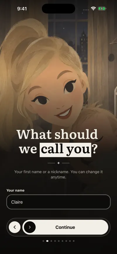 The name screen: a box for your name and the Continue button at the bottom.