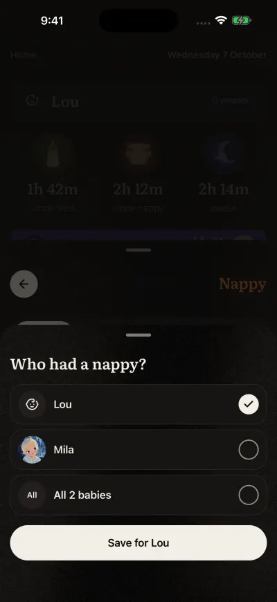 The page that asks which babies an entry is for, with a tick next to each baby and the button at the bottom.