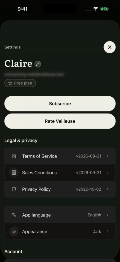 Veilleuse Settings at the top: the name with a pencil, the email, the plan under it, and the Subscribe and Rate Veilleuse buttons.