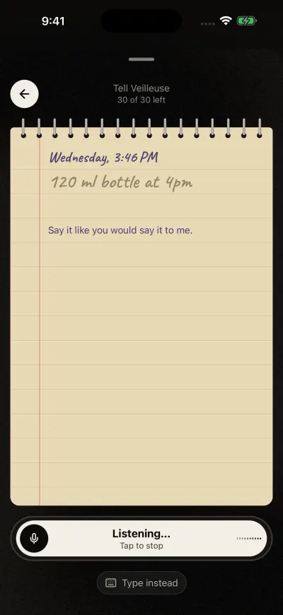 The Tell Veilleuse page: a lined notebook page and, at the bottom, a bar that says Listening, tap to stop.
