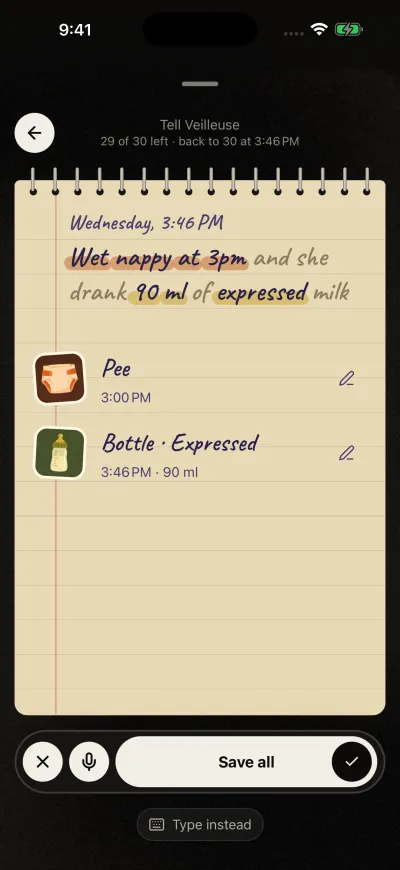 Tell Veilleuse after speaking: the sentence with the understood words highlighted, and below it a Pee entry and a Bottle entry, each with a pencil. Save all is at the bottom.