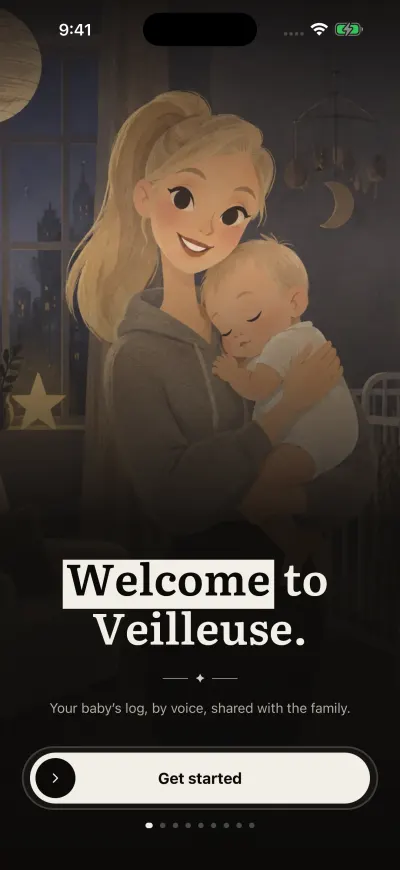 The Veilleuse welcome screen, with the Get started button at the bottom and its round handle on the left.