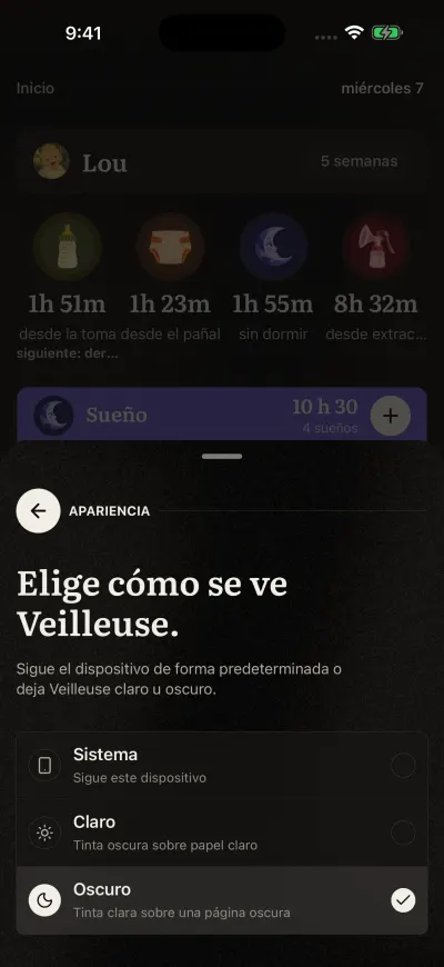 La página Apariencia en Veilleuse con Sistema, Claro y Oscuro.