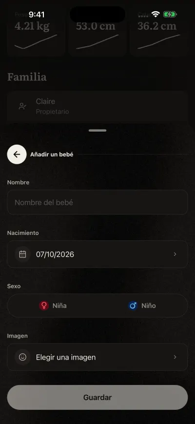 El formulario Añadir un bebé: el nombre, la fecha de nacimiento, Niña o Niño, una imagen y el botón Guardar.