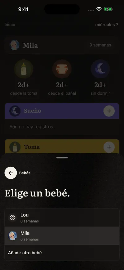 La página para elegir un bebé: cada bebé con su imagen y su edad, y el que se ve marcado.