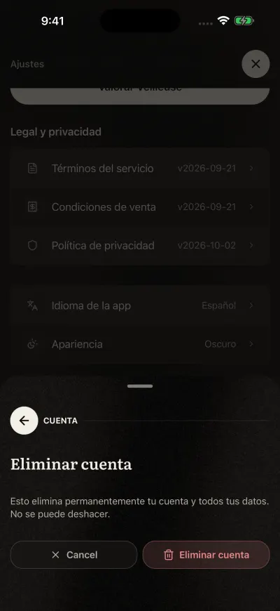 El mensaje que pide confirmar Eliminar cuenta, con los botones Cancelar y Eliminar cuenta.