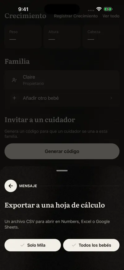 La pregunta de la exportación: exportar solo este bebé o todos los bebés.