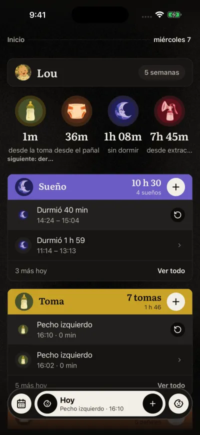 Inicio de Veilleuse: el nombre del bebé arriba, cuatro círculos con el tiempo desde la última toma, pañal, sueño y extracción, y debajo las tarjetas Sueño y Toma. La barra de abajo tiene el calendario, Hoy, el + y el botón del bebé.