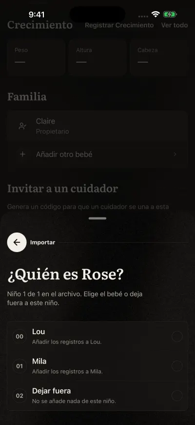La página de importación que pregunta quién es un niño del archivo, con cada bebé de la familia y Saltar.