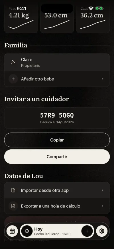 Invitar a un cuidador con un código en dos grupos de cuatro, la fecha en que deja de valer y los botones Copiar y Compartir.