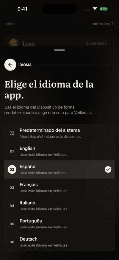 La página Idioma de la app en Veilleuse: Predeterminado del sistema, luego English, Español, Français, Italiano, Português, Deutsch.