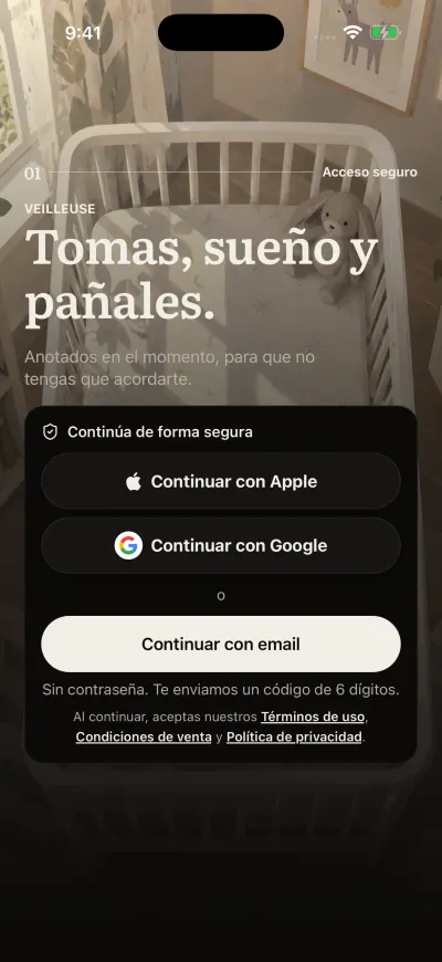 La pantalla de inicio de sesión de Veilleuse con Continuar con Apple, Continuar con Google y Continuar con email.