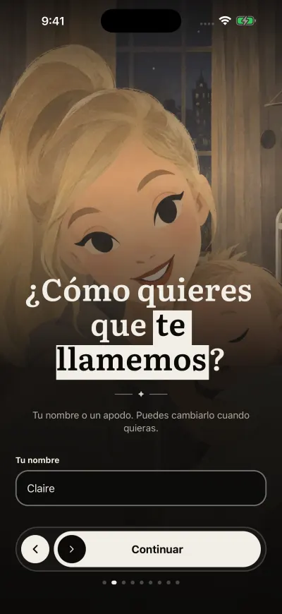 La pantalla del nombre: un recuadro para tu nombre y el botón Continuar abajo.