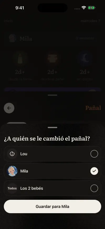 La página que pregunta para qué bebés es una entrada, con una marca junto a cada bebé y el botón de abajo.