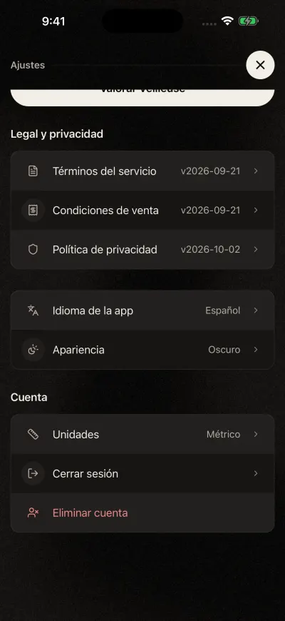 La parte de abajo de Ajustes de Veilleuse: los documentos legales, Idioma de la app, Apariencia, y la sección Cuenta con Unidades, Cerrar sesión y Eliminar cuenta.