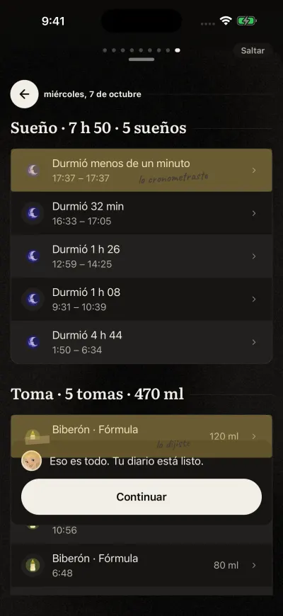 La última tarjeta del recorrido guiado con el botón Continuar.
