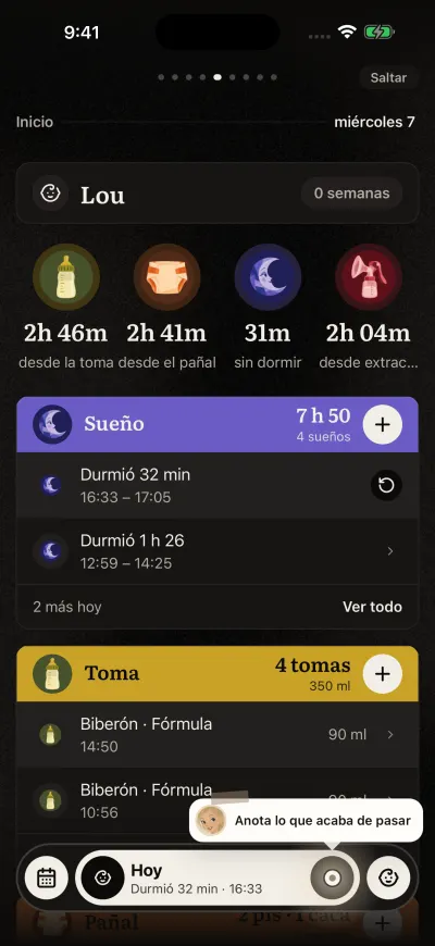 El recorrido guiado en Inicio: una tarjeta señala el + redondo de la barra de abajo.