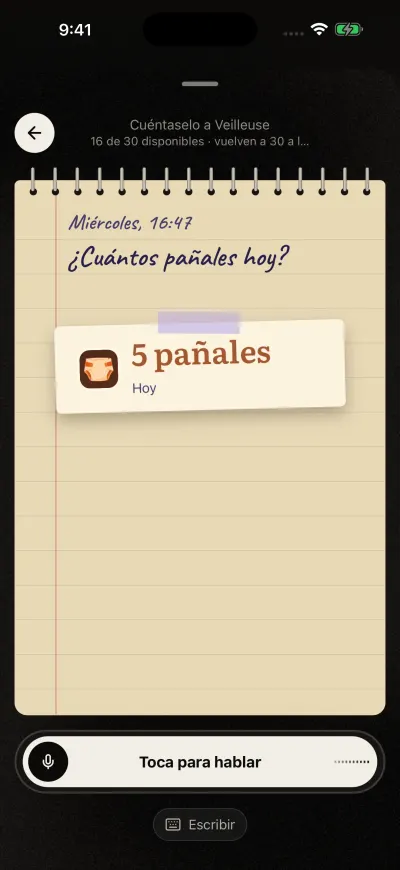 Cuéntaselo a Veilleuse con la pregunta Cuántos pañales hoy y una nota pegada con cinta que responde 5 pañales, hoy.
