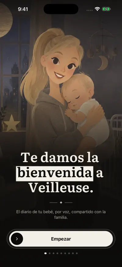 La pantalla de bienvenida de Veilleuse, con el botón Empezar abajo y su pestaña redonda a la izquierda.