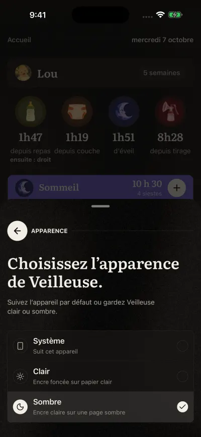 La page Apparence dans Veilleuse avec Système, Clair et Sombre.