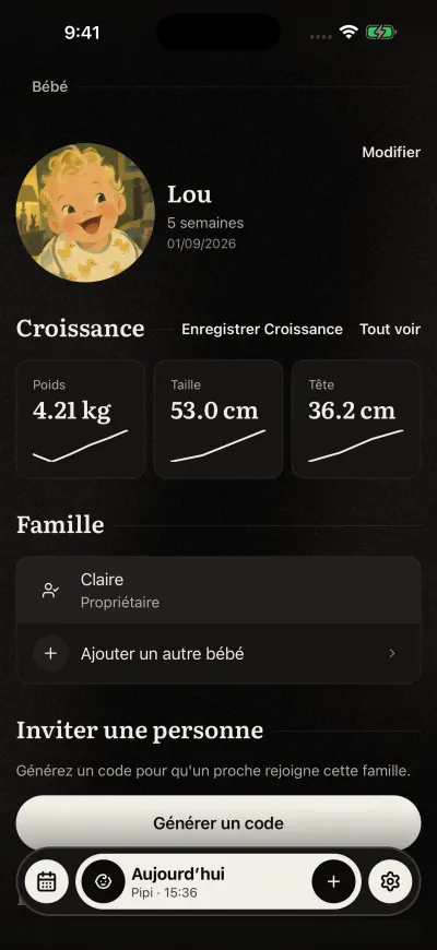 L’écran Bébé : l’image du bébé, son prénom et son âge, puis Croissance avec le dernier poids, la dernière taille et le dernier tour de tête.