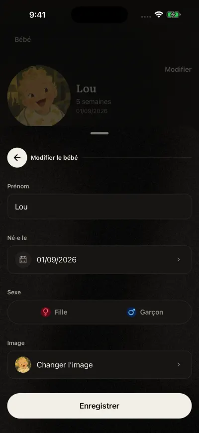 Le formulaire Modifier le bébé, rempli : le prénom, la date de naissance, Fille ou Garçon, l’image et le bouton Enregistrer.