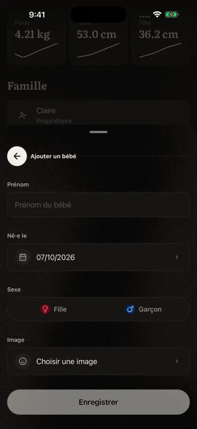 Le formulaire Ajouter un bébé : le prénom, la date de naissance, Fille ou Garçon, une image et le bouton Enregistrer.