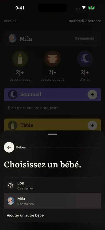 La page pour choisir un bébé : chaque bébé avec une image et son âge, celui affiché est coché.