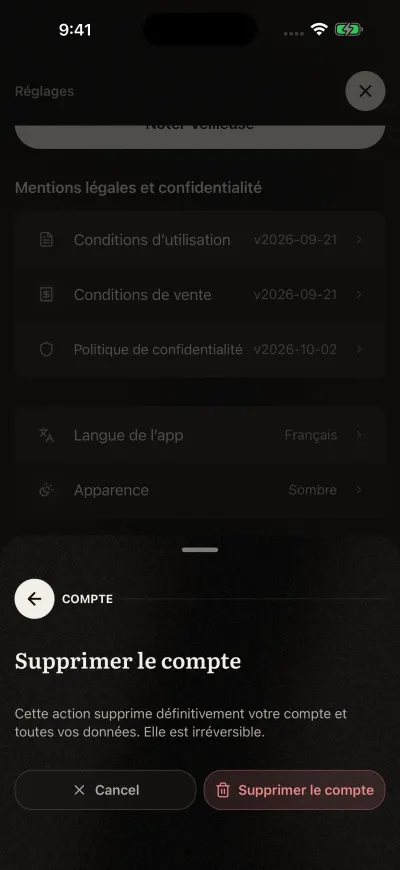 Le message qui demande de confirmer Supprimer le compte, avec les boutons Annuler et Supprimer le compte.