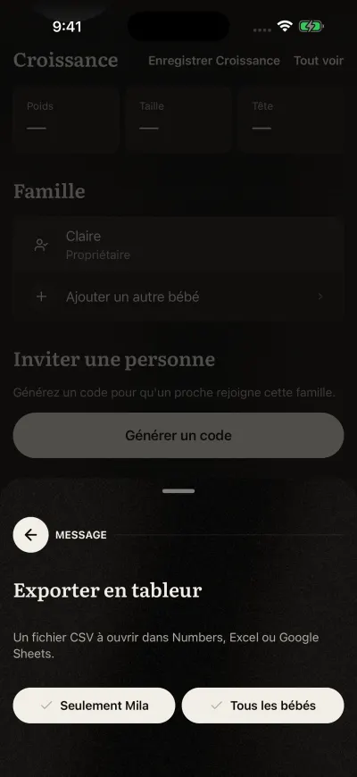 La question de l’export : exporter seulement ce bébé, ou Tous les bébés.