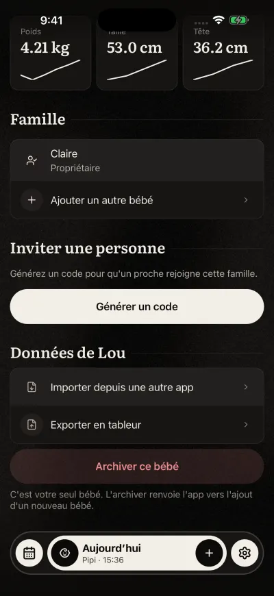 La section Famille de l’écran Bébé : Claire avec le rôle Propriétaire, et Ajouter un autre bébé.