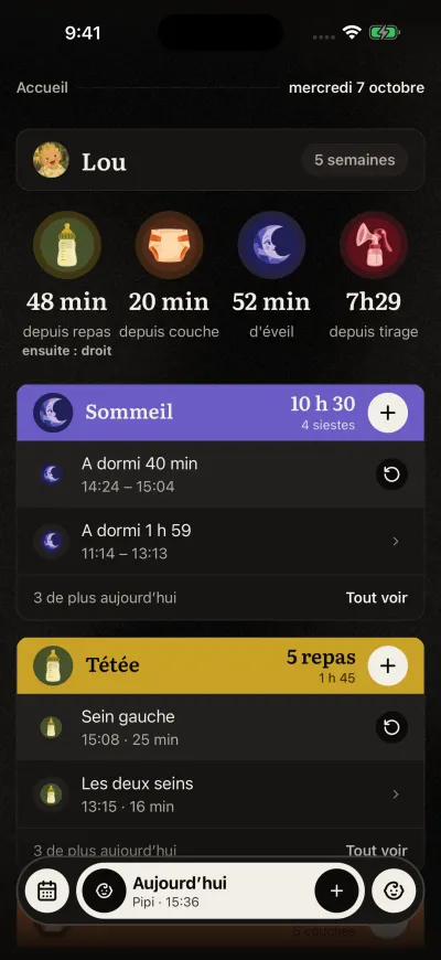 L’Accueil de Veilleuse : le prénom du bébé en haut, quatre cercles avec le temps depuis la dernière tétée, couche, sieste et tirage, puis les cartes Sommeil et Tétée. La barre du bas contient le calendrier, Aujourd’hui, le + et le bouton du bébé.