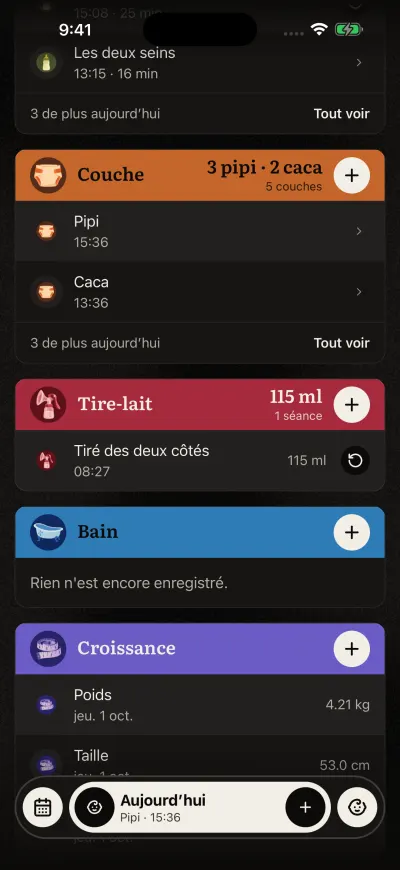 L’Accueil défilé vers le bas : les cartes Couche, Tire-lait et Bain. La carte Bain indique Rien n’est encore enregistré.
