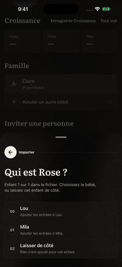 La page d’import qui demande qui est un enfant du fichier, avec chaque bébé de la famille et Laisser de côté.
