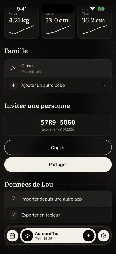 Inviter une personne avec un code en deux groupes de quatre, la date à laquelle il cesse de marcher, et les boutons Copier et Partager.