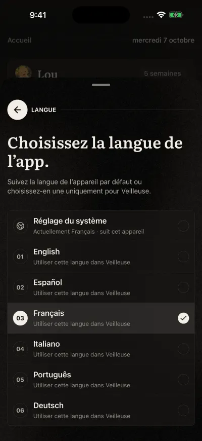 La page Langue de l’app dans Veilleuse : Réglage du système, puis English, Español, Français, Italiano, Português, Deutsch.