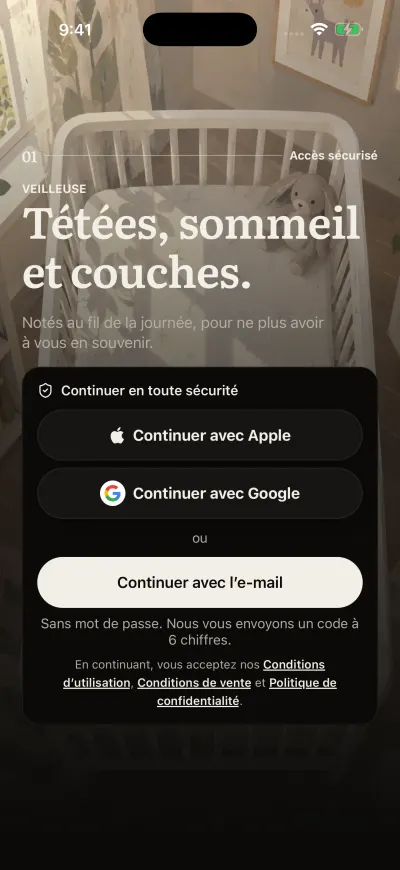 L’écran de connexion de Veilleuse avec Continuer avec Apple, Continuer avec Google et Continuer avec l’e-mail.