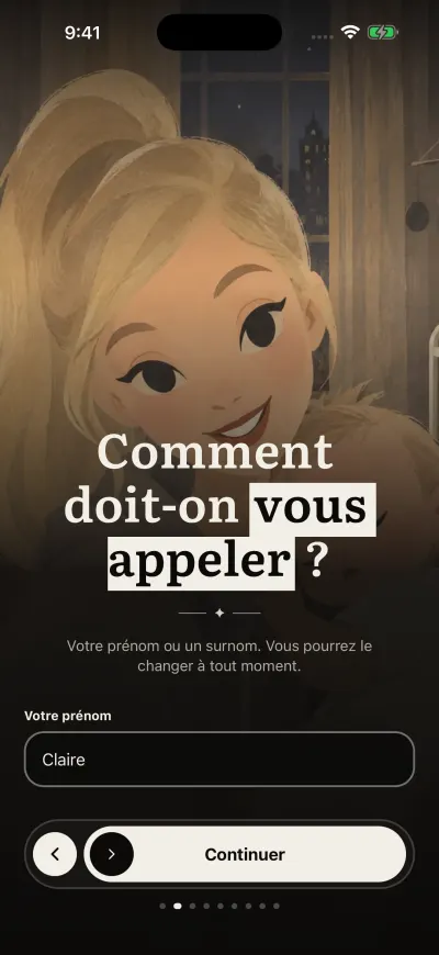 L’écran du prénom : une case pour votre prénom et le bouton Continuer en bas.