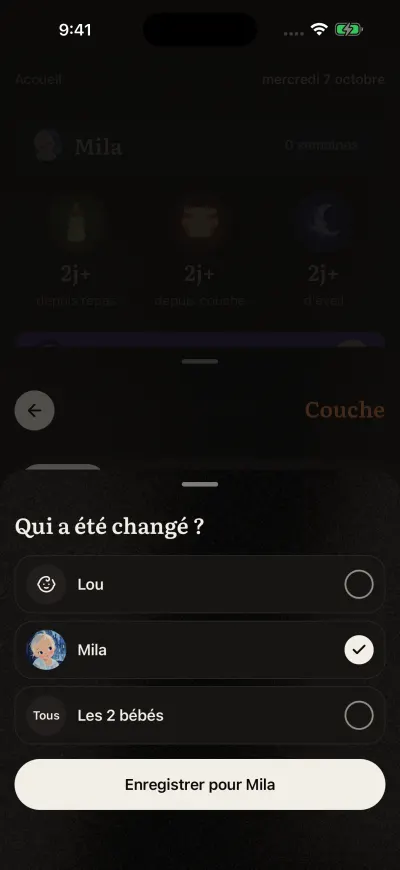 La page qui demande pour quels bébés est une entrée, avec une coche à côté de chaque bébé et le bouton en bas.