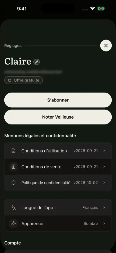 Les Réglages de Veilleuse, en haut : le prénom avec un crayon, l’e-mail, l’offre dessous, et les boutons S’abonner et Noter Veilleuse.