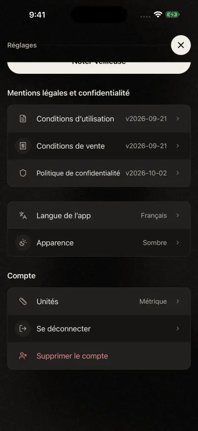 Le bas des Réglages de Veilleuse : les documents juridiques, Langue de l’app, Apparence, et la section Compte avec Unités, Se déconnecter et Supprimer le compte.